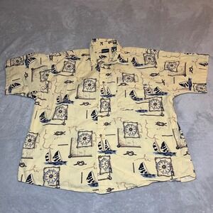 Vintage Puritan Shirt Mens 2XL Yellow Nautical Sailboat Compass Print Button Up